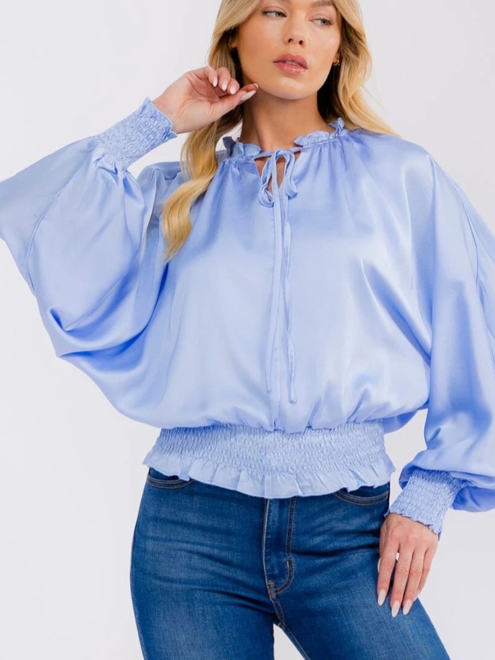 Peach Love California Light Blue Satin Tie-Neck Blouson Top